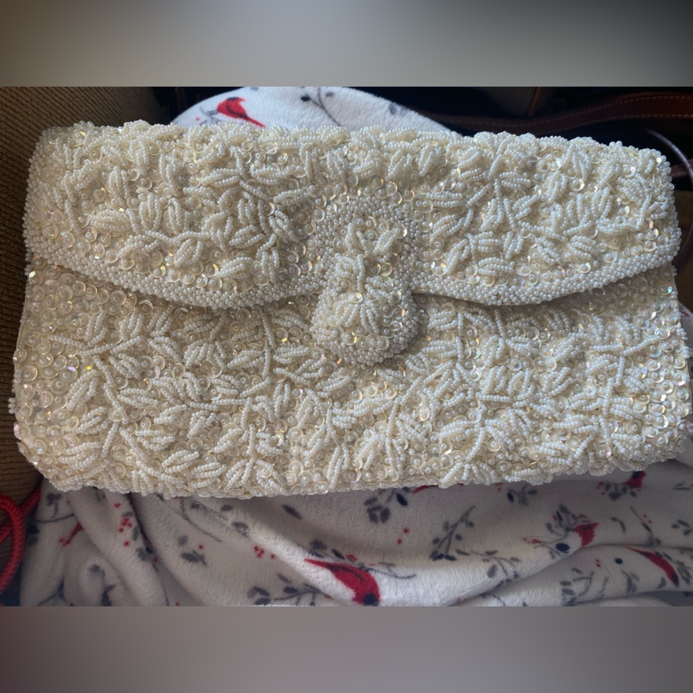 La Regale Beaded Cream Satin Clutch